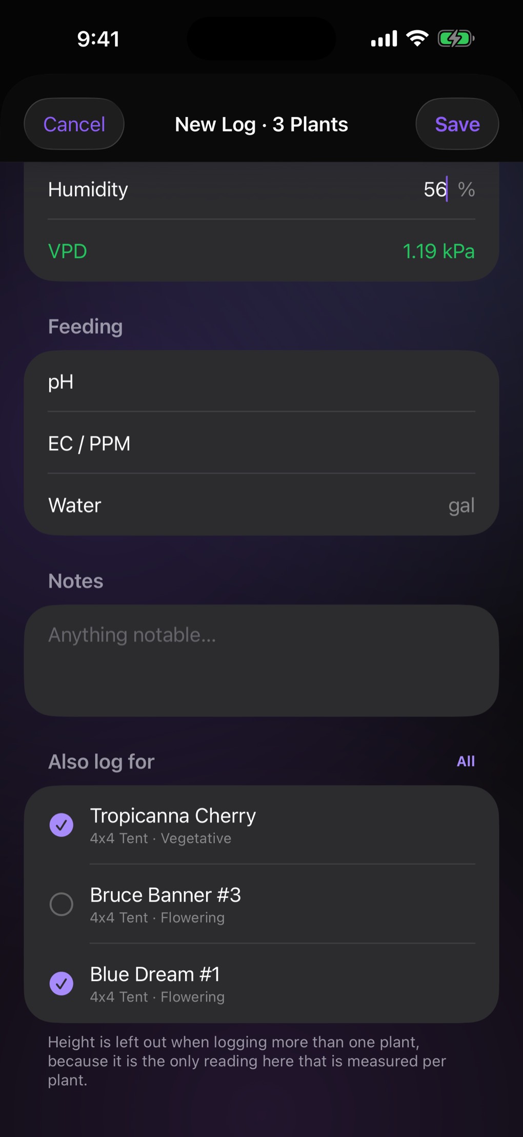 Writing a log entry titled New Log, 3 Plants: humidity 56 percent with VPD calculated at 1.19 kPa, fields for pH, EC and water, and an Also log for list where Tropicanna Cherry and Blue Dream #1 are ticked.