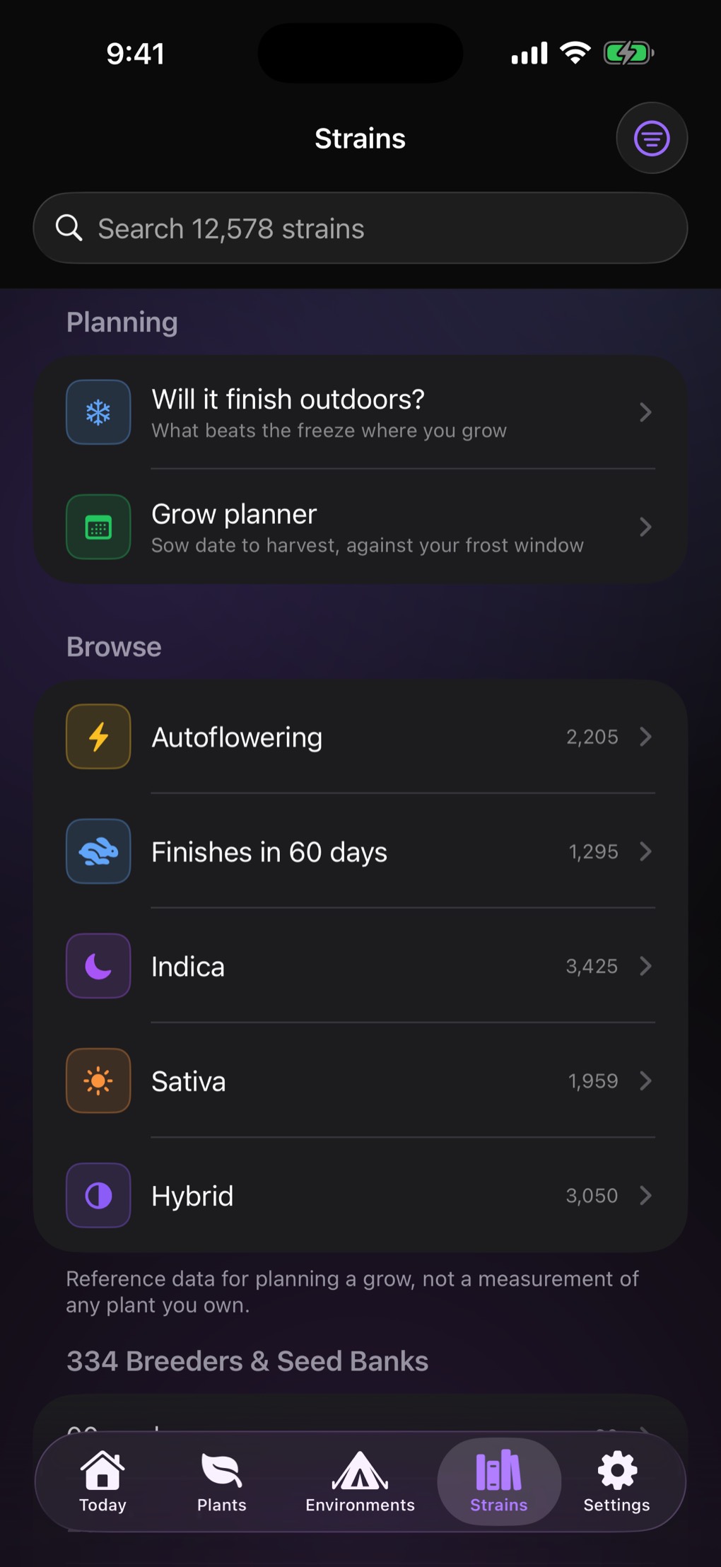 The variety browser: a search field over the whole catalogue, the outdoor planning tools, and shortcuts for autoflowering, fast finishers, indica, sativa and hybrid.